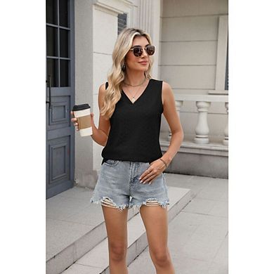 Womens Tank Tops V Neck Sleeveless Flowy Loose Fit Eyelet Basic Casual Summer Tops