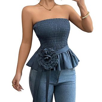 Womens Strapless Bandeau Tube Ruffle Hem Off Shoulder Sleeveless Pleated Blouse Flowy Clothes