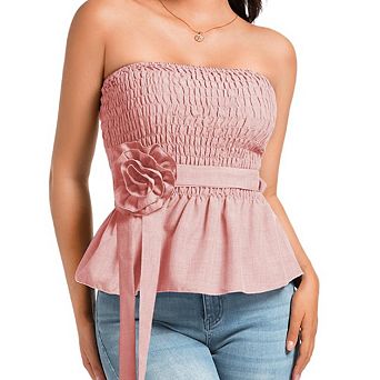 Womens Strapless Bandeau Tube Ruffle Hem Off Shoulder Sleeveless Pleated Blouse Flowy Clothes