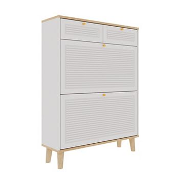 Canopyapp White & Natural 41 in Narrow Shoe Cabinet with 2 Flip-Down Doors & 2 Drawers