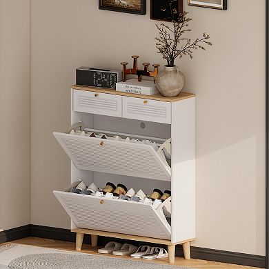 Canopyapp White & Natural 41-in. Narrow Shoe Cabinet with 2 Flip-Down Doors & 2 Drawers