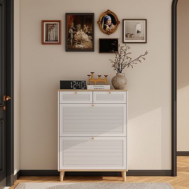 Canopyapp White & Natural 41-in. Narrow Shoe Cabinet with 2 Flip-Down Doors & 2 Drawers