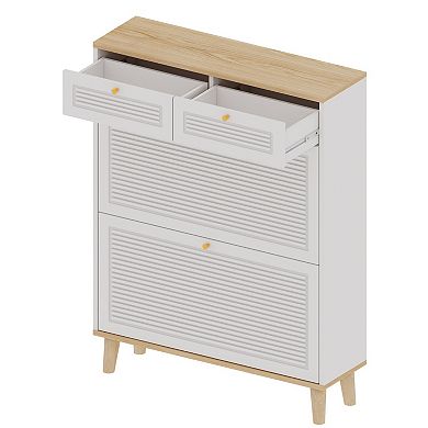 Canopyapp White & Natural 41-in. Narrow Shoe Cabinet with 2 Flip-Down Doors & 2 Drawers