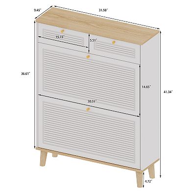 Canopyapp White & Natural 41-in. Narrow Shoe Cabinet with 2 Flip-Down Doors & 2 Drawers