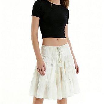 Women Tiered Ruched Midi Skirt High-Waisted Drawstring A-Line Skirt for Casual Summer Wear