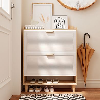 Canopyapp White & Natural 41-in. Nordic Style 2-Drawer Flip-Down Shoe Cabinet