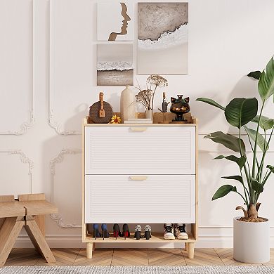 Canopyapp White & Natural 41-in. Nordic Style 2-Drawer Flip-Down Shoe Cabinet
