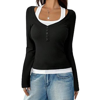 Women Slim Fake 5 pc Patchwork Shirts Long-Sleeve Halter Neck Tops Fashion Henley Tops