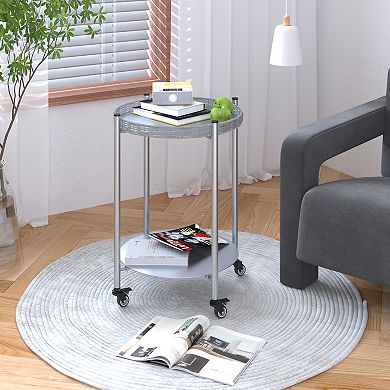 Canopyapp Silver Gray 23-in. 2-Tier Round Metal Rolling Side Table