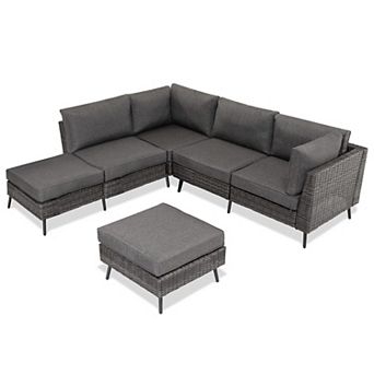 PATIOEASY Rattan Corner Six Piece Set Wicker Outdoor Sectional All Weather Cushions for Patio