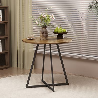 Canopyapp Brown 31.5-in. Round Modern Minimalist Dining Table with Black Metal Legs