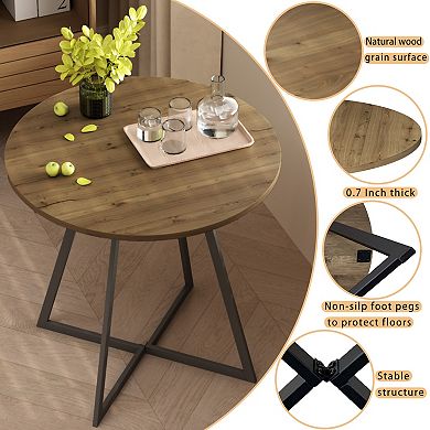 Canopyapp Brown 31.5-in. Round Modern Minimalist Dining Table with Black Metal Legs
