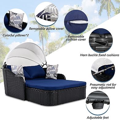 Outdoor Sunbed with Adjustable Canopy, Double Lounge, PE Rattan Daybed, Black Wicker and Cushion