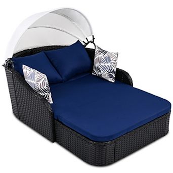 Outdoor Sunbed with Adjustable Canopy, Double Lounge, PE Rattan Daybed, Black Wicker and Cushion