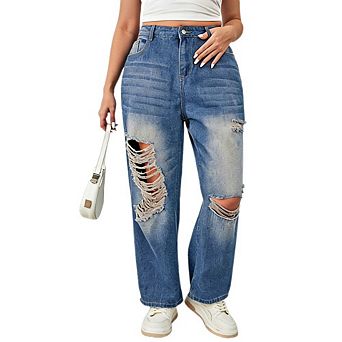 Womens Plus High Waisted Wide Leg Jeans Stretchy Distressed Denim Pants