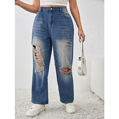 Womens Plus High Waisted Wide Leg Jeans Stretchy Distressed Denim Pants