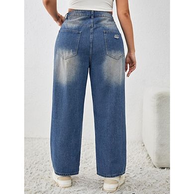 Womens Plus High Waisted Wide Leg Jeans Stretchy Distressed Denim Pants