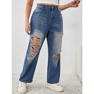 Womens Plus High Waisted Wide Leg Jeans Stretchy Distressed Denim Pants