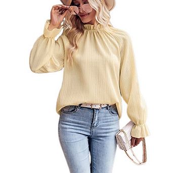 Womens Dressy Business Casual Tops Pleated Long Sleeve Mock Neck Shirts Fall Office Work Blouses