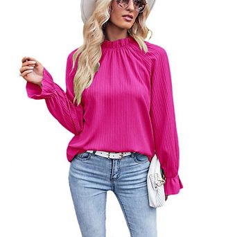 Womens Dressy Business Casual Tops Pleated Long Sleeve Mock Neck Shirts Fall Office Work Blouses