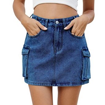 Women High Stretchy Denim Cargo Skort High Waist Casual Mini Y2K Jean Skirt with Pockets