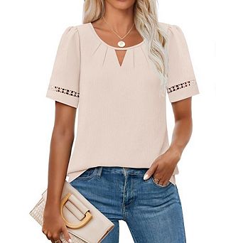 Women's Summer Blouse Pleated Crewneck Shirt Eyelet Short SleeveCasual Work Office Shirt Top