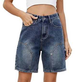 Womens Jean Denim Cargo Shorts Trendy Summer Casual Wide Leg Mid-rise Waist with Pockets