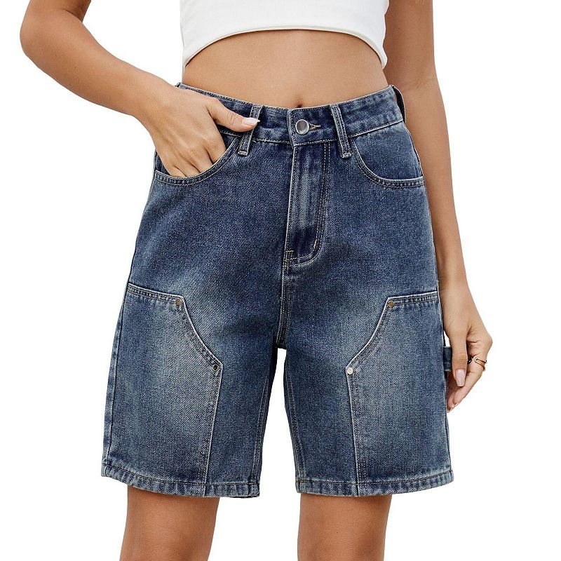 Womens Jean Denim Cargo Shorts Trendy Summer Casual Wide Leg Mid
