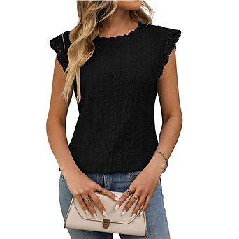 Womens Tank Tops Dressy Casual Eyelet Sleeveless Patchwork Lace Shirt Crewneck Summer Top