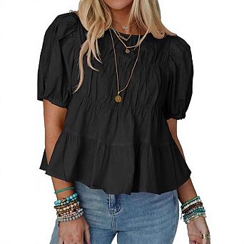 Women's Puff Sleeve Peplum Babydoll Tops Smocked Pleated T-Shirts Casual Loose Flowy A-line Blouse