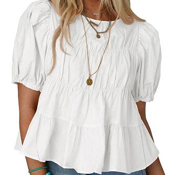 Women's Puff Sleeve Peplum Babydoll Tops Smocked Pleated T-Shirts Casual Loose Flowy A-line Blouse