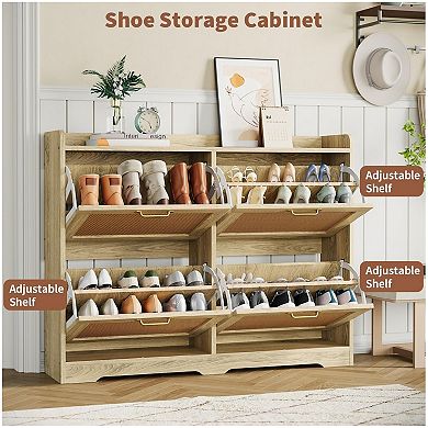 Rattan Shoe Storage Cabinet with 4 Flip Drawers, Hidden Shoe Storage Organizer Cabinet