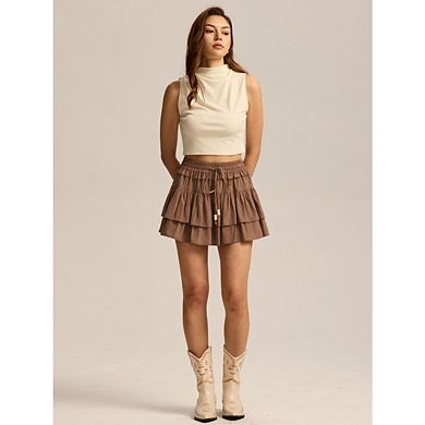 Womens Drawstring Lace-Up Flowy Ruffle Skort High Waist Solid Color Tiered Casual Short Skirts