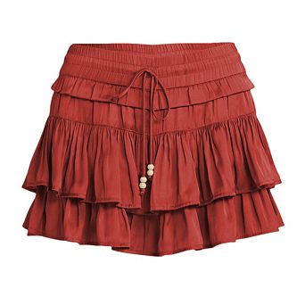 Womens Drawstring Lace-Up Flowy Ruffle Skort High Waist Solid Color Tiered Casual Short Skirts