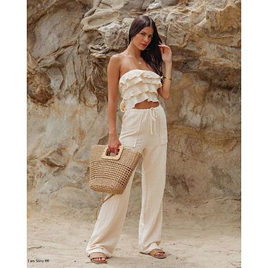 Women's High Waisted Straight Pant Casual Flowy Wide Leg Drawstring Trousers with Pockets