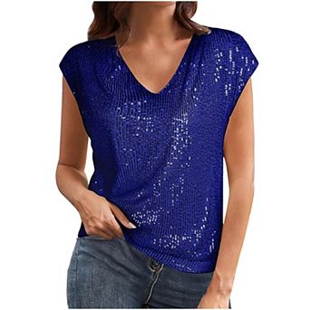 Women's Full Sequin Top with Shiny Party Sleeves, Shiny V-neck Loose Waistband Shirt