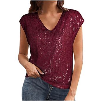 Women's Full Sequin Top with Shiny Party Sleeves, Shiny V-neck Loose Waistband Shirt