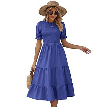 Women's Casual Flutter Short Sleeve Crew Neck Smocked Elastic Waist Tiered Midi Dress Summer Dress