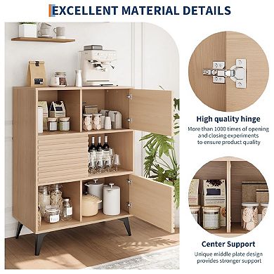 Fluted Storage Cabinet with Sliding Doors, Modern 3-Tier Floor Cabinet with Legs