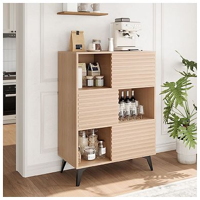 Fluted Storage Cabinet with Sliding Doors, Modern 3-Tier Floor Cabinet with Legs