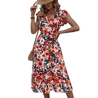 Women's Boho Floral Wrap V Neck Ruffle Sleeve Self-Tie Waist Midi Dress for Vacation Daily Party