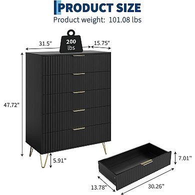 Fluted Dresser for Bedroom with 5 Drawers