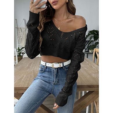 Women's Crop Cut Out Sweater Long Sleeve Polo Neck Boho Knit Top