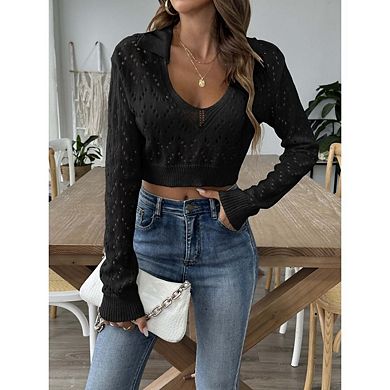 Women's Crop Cut Out Sweater Long Sleeve Polo Neck Boho Knit Top