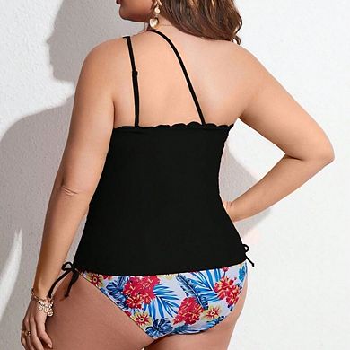 Women's Plus Size Tankini Sets One Shoulder Scalloped Neck Two Piece Bathing Suit Side Tie Swimsuit