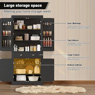 Pantry Cabinet with Adjustable Shelves, Drawer, and Door Storage