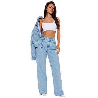 Women's High Waisted Wide Leg Jeans Loose Fit Light Wash Vintage Denim Pants with Heart Pockets
