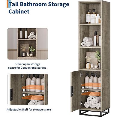 Slim 70" Tall Storage Cabinet with Metal Base & Adjustable Shelf