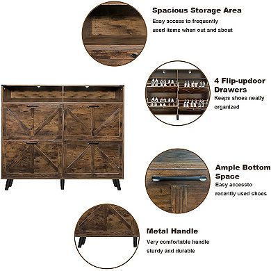 Shoe Storage Cabinet with 4 Flip Drawers and Barn Door Design