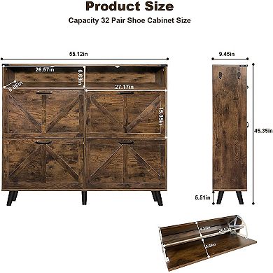 Shoe Storage Cabinet with 4 Flip Drawers and Barn Door Design